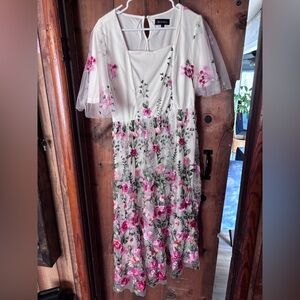 Large White Floral Embroidered Midi Dress with Pink Roses